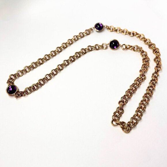 VTG Chunky Long Chain Necklace Three Stone Cabochon Amethyst 18K Gold Plated - Picture 7 of 10